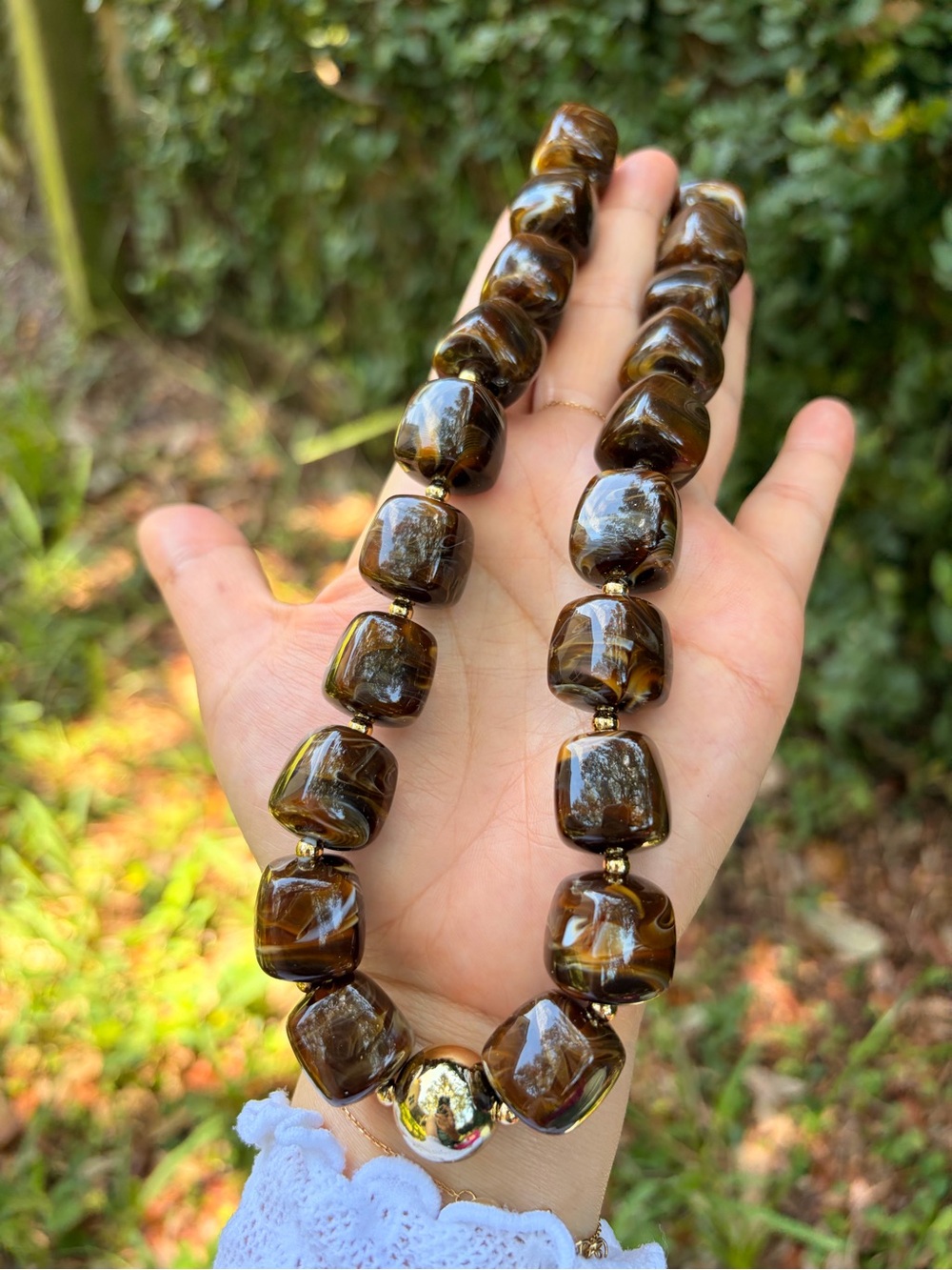 Polished Brown Bead Necklace with Gold Accent - Jewelry - Picture 3 of 6